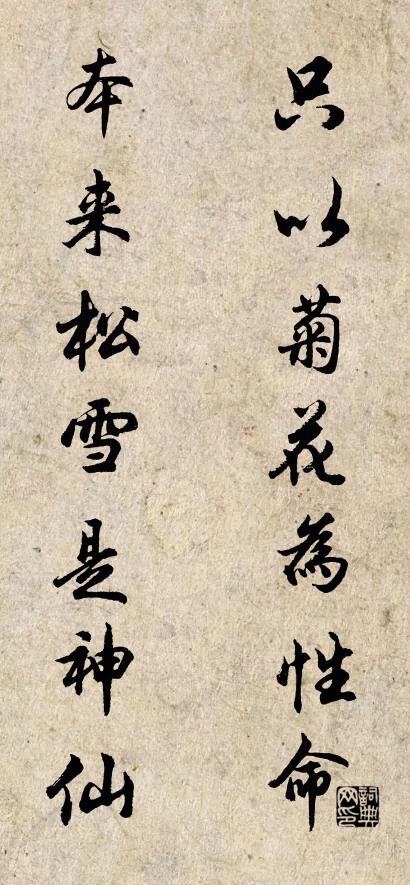 只以菊花為性命； 本來松雪是神仙。對聯(lián)書法作品欣賞